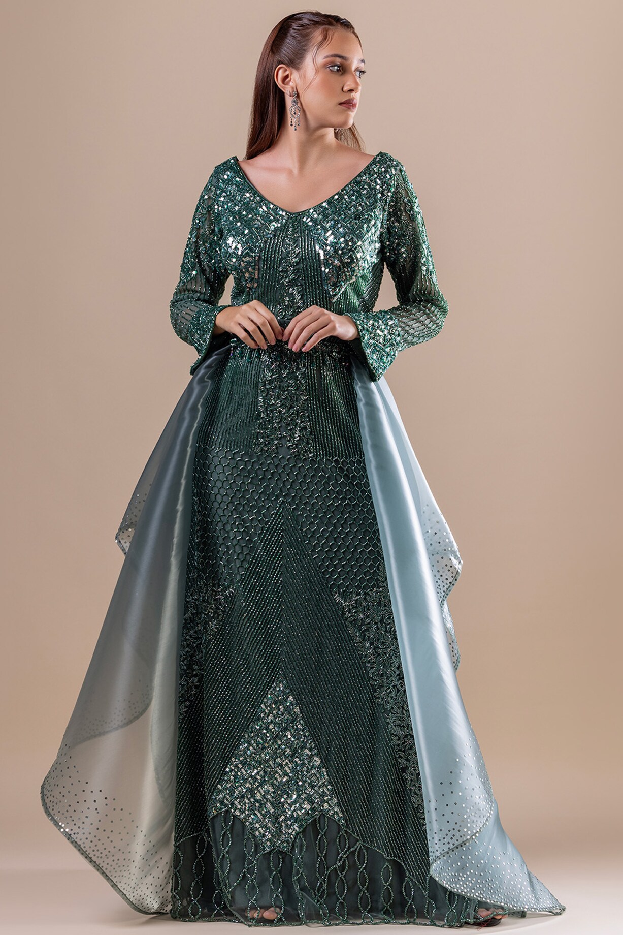green emerald velvet dress La Femme 32417 Rhinestone Fishnet Strapless Prom Dress