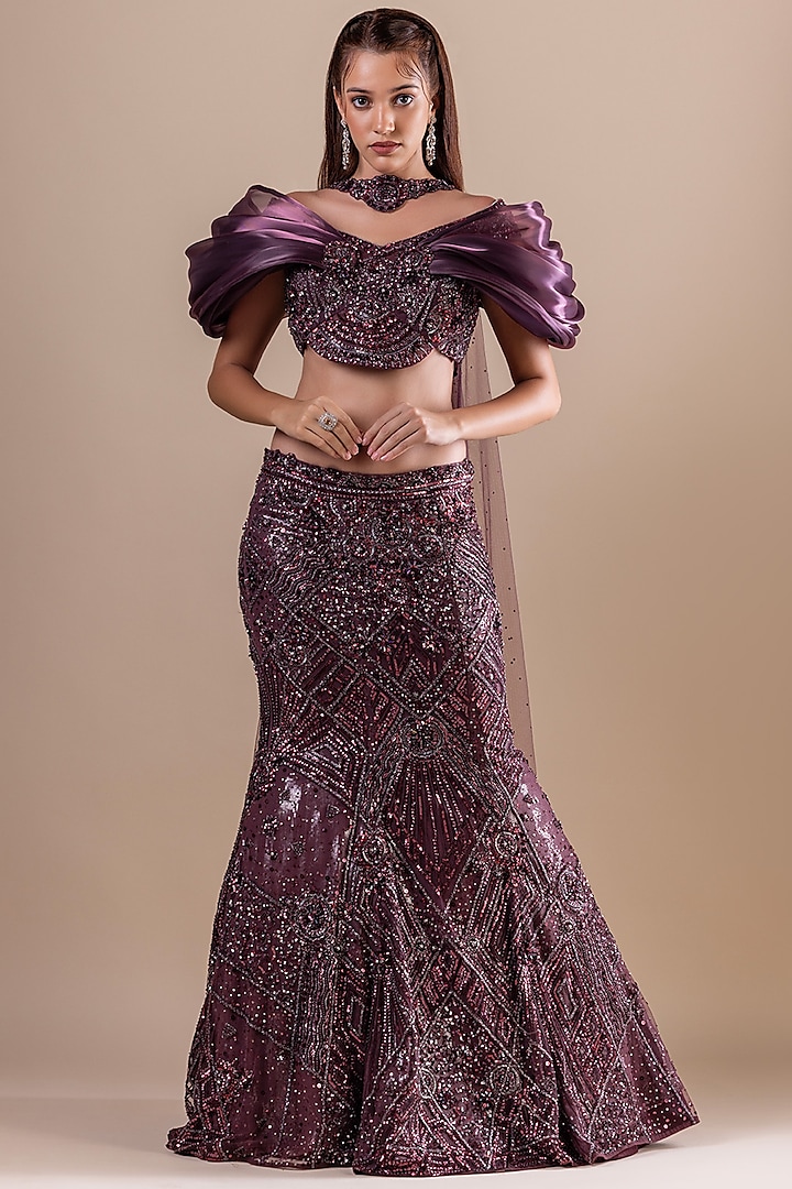 Deep Wine Net Crystal Embroidered Fishcut Wedding Lehenga Set by RAJ ARORA ROOP VATIKA at Pernia's Pop Up Shop