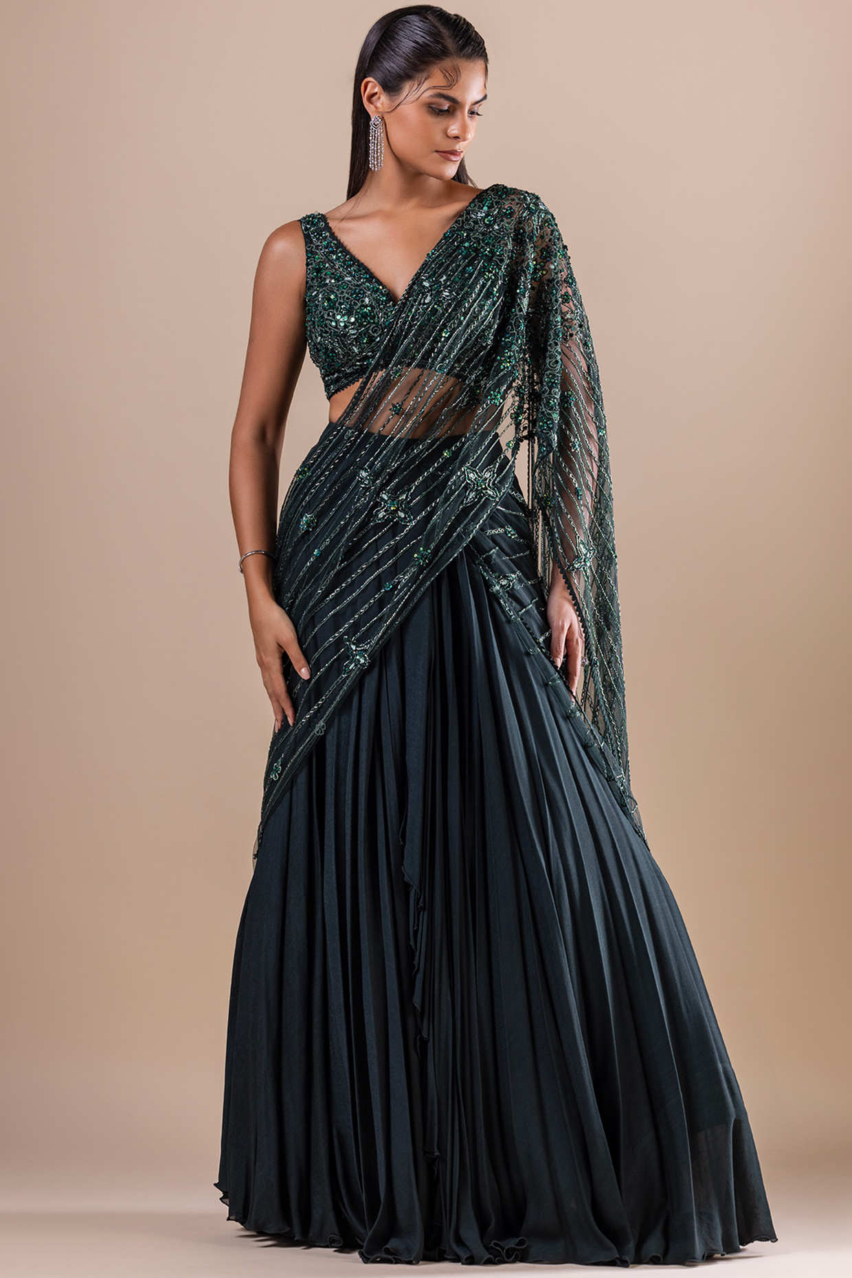 Dark Bottle Green Net & Georgette Sequins Embroidered Pre-Draped Wedding Saree Set by RAJ ARORA ROOP VATIKA at Pernia's Pop Up Shop