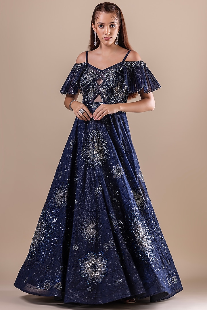 Blue Net Sequin Embellished Gown by RAJ ARORA ROOP VATIKA at Pernia's Pop Up Shop