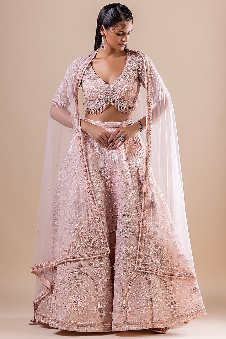 Powder Pink Assam Silk Sequins Embroidered Wedding Lehenga Set by RAJ ARORA ROOP VATIKA at Pernia's Pop Up Shop