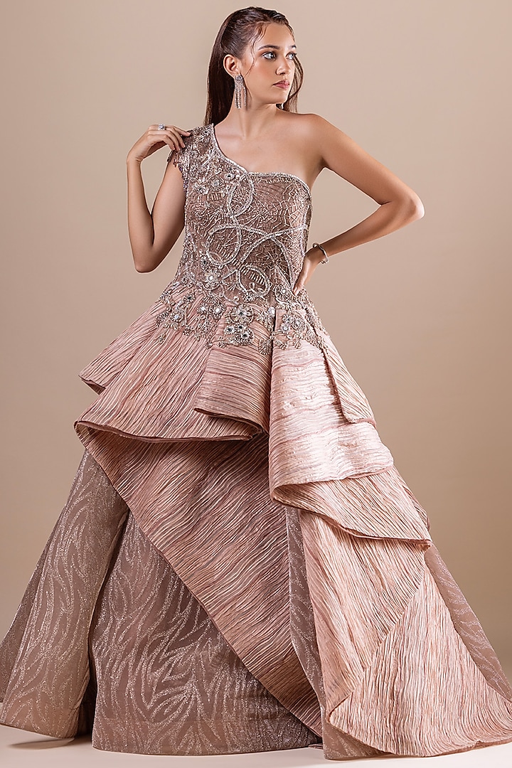 Champagne Shimmer Net & Wrinkle Organza Sequin Embellished Gown by RAJ ARORA ROOP VATIKA at Pernia's Pop Up Shop