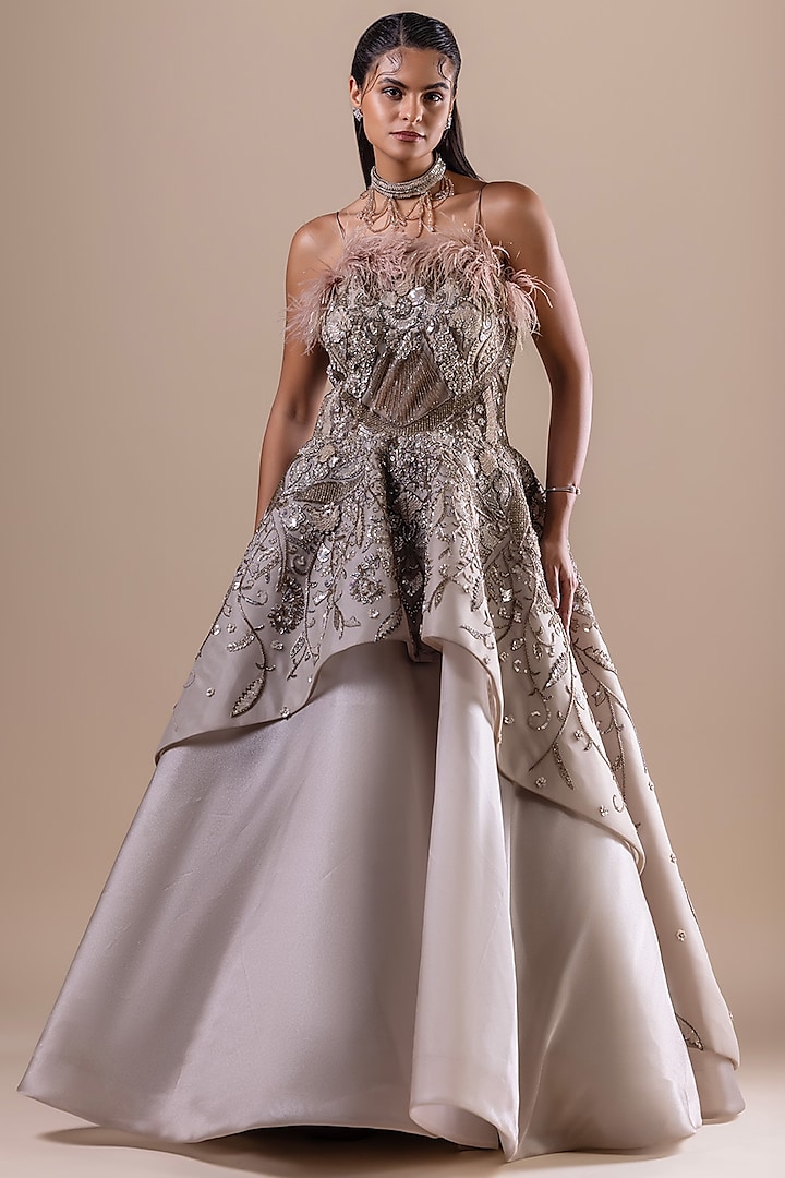 Dusty Olive Net & Organza Sequin Embellished Gown by RAJ ARORA ROOP VATIKA at Pernia's Pop Up Shop