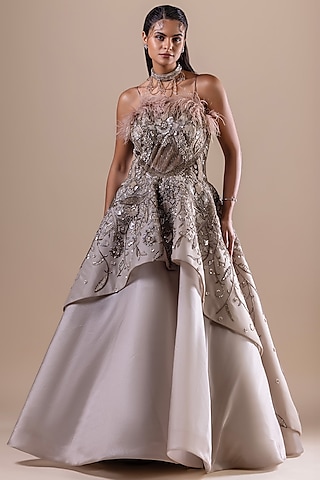 Dusty Olive Net & Organza Sequin Embellished Gown by RAJ ARORA ROOP VATIKA