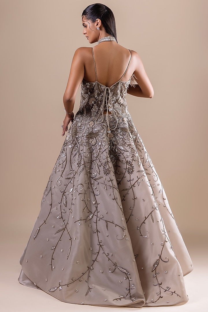 Dusty Olive Net & Organza Sequin Embellished Wedding Gown by RAJ ARORA ROOP VATIKA at Pernia's Pop Up Shop