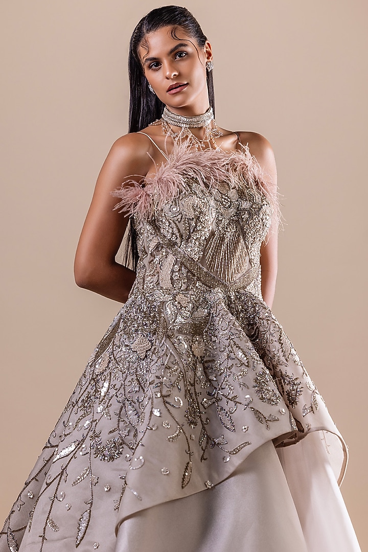 Dusty Olive Net & Organza Sequin Embellished Wedding Gown by RAJ ARORA ROOP VATIKA at Pernia's Pop Up Shop