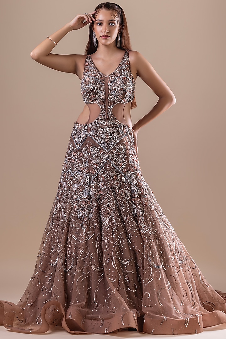 Champagne Gold Net Sequin Embellished Gown by RAJ ARORA ROOP VATIKA at Pernia's Pop Up Shop