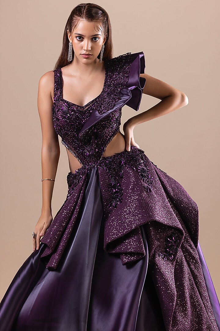 Burgundy Fishnet Sequin Embellished Engagement Gown by RAJ ARORA ROOP VATIKA at Pernia's Pop Up Shop
