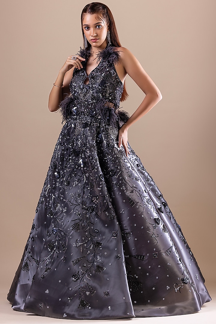 Grey Fishnet Sequin Embellished Gown by RAJ ARORA ROOP VATIKA at Pernia's Pop Up Shop