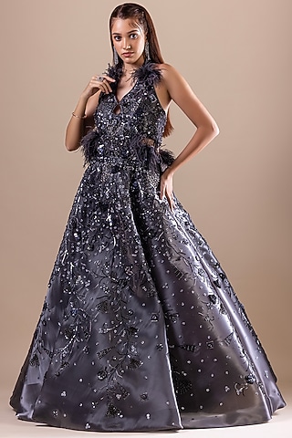 Grey Fishnet Sequin Embellished Gown by RAJ ARORA ROOP VATIKA