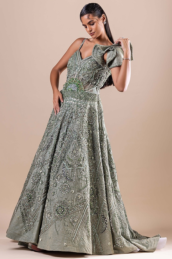 Pista Green Shimmer Wrinkle Lycra Sequin Embellished Gown by RAJ ARORA ROOP VATIKA at Pernia's Pop Up Shop