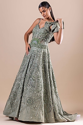 Pista Green Shimmer Wrinkle Lycra Sequin Embellished Gown by RAJ ARORA ROOP VATIKA