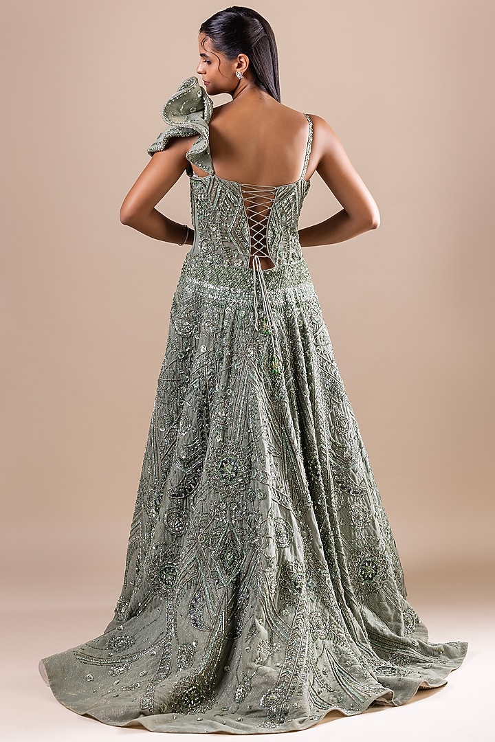 Pista Green Shimmer Wrinkle Lycra Sequin Embellished Wedding Gown by RAJ ARORA ROOP VATIKA at Pernia's Pop Up Shop