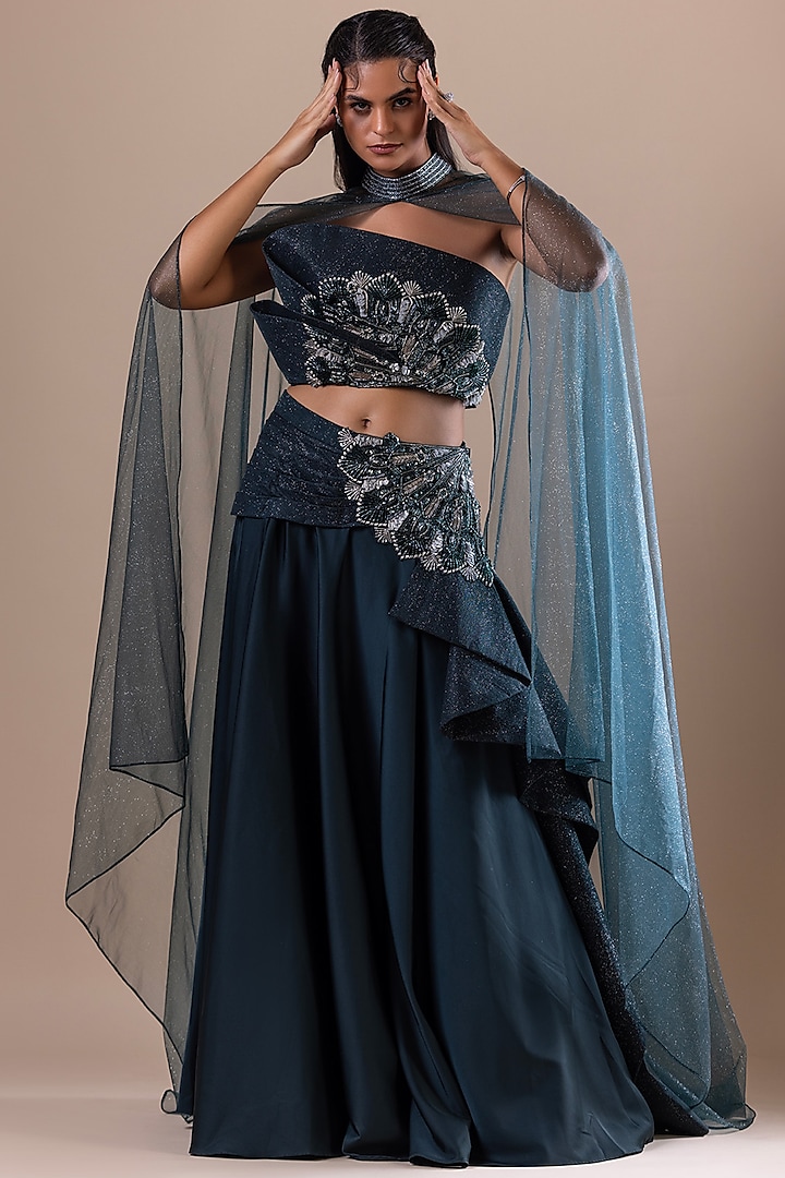 Bottle Green Armani Satin Wedding Lehenga Set by RAJ ARORA ROOP VATIKA at Pernia's Pop Up Shop