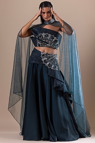 Bottle Green Armani Satin Lehenga Set by RAJ ARORA ROOP VATIKA