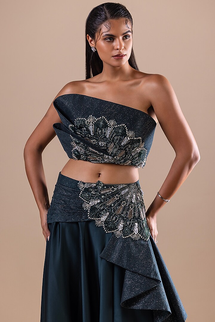 Bottle Green Armani Satin Wedding Lehenga Set by RAJ ARORA ROOP VATIKA at Pernia's Pop Up Shop