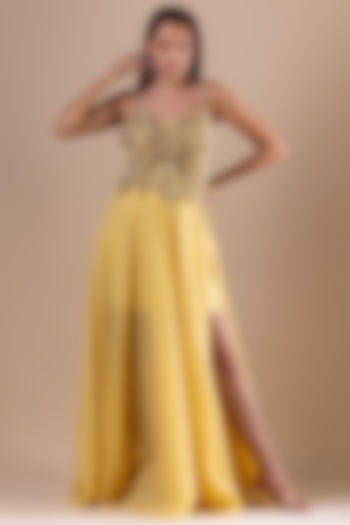 Yellow Soft Net Sequins Embroidered Dress by RAJ ARORA ROOP VATIKA at Pernia's Pop Up Shop