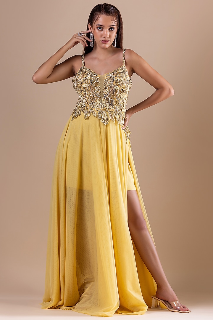 Yellow Soft Net Sequins Embroidered Dress by RAJ ARORA ROOP VATIKA at Pernia's Pop Up Shop