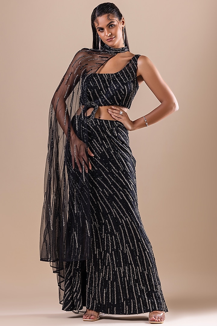 Black Net & Lycra Sequins Embroidered Dress With Cape by RAJ ARORA ROOP VATIKA at Pernia's Pop Up Shop