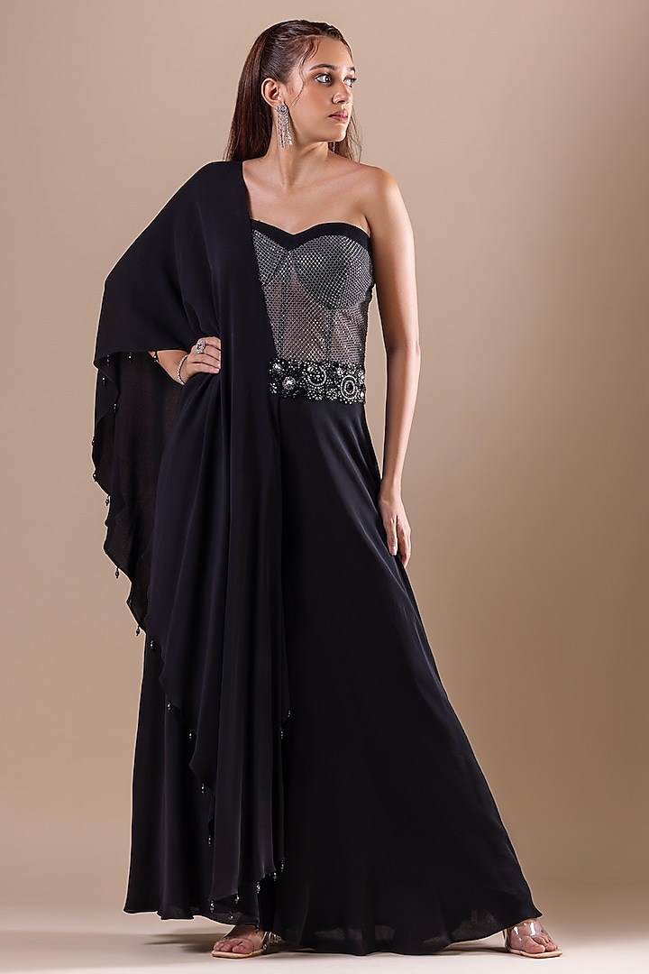 Black Double Georgette Crystal Embroidered Jumpsuit by RAJ ARORA ROOP VATIKA at Pernia's Pop Up Shop