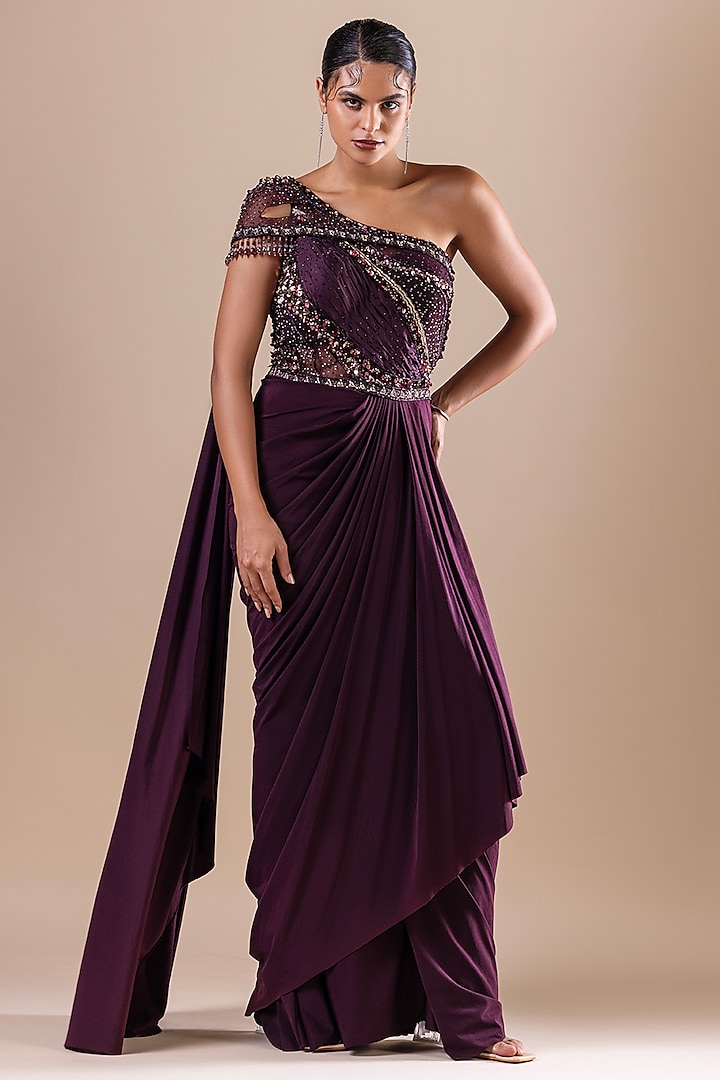 Burgundy Lycra & Net Sequins Embroidered Draped Saree Gown by RAJ ARORA ROOP VATIKA at Pernia's Pop Up Shop