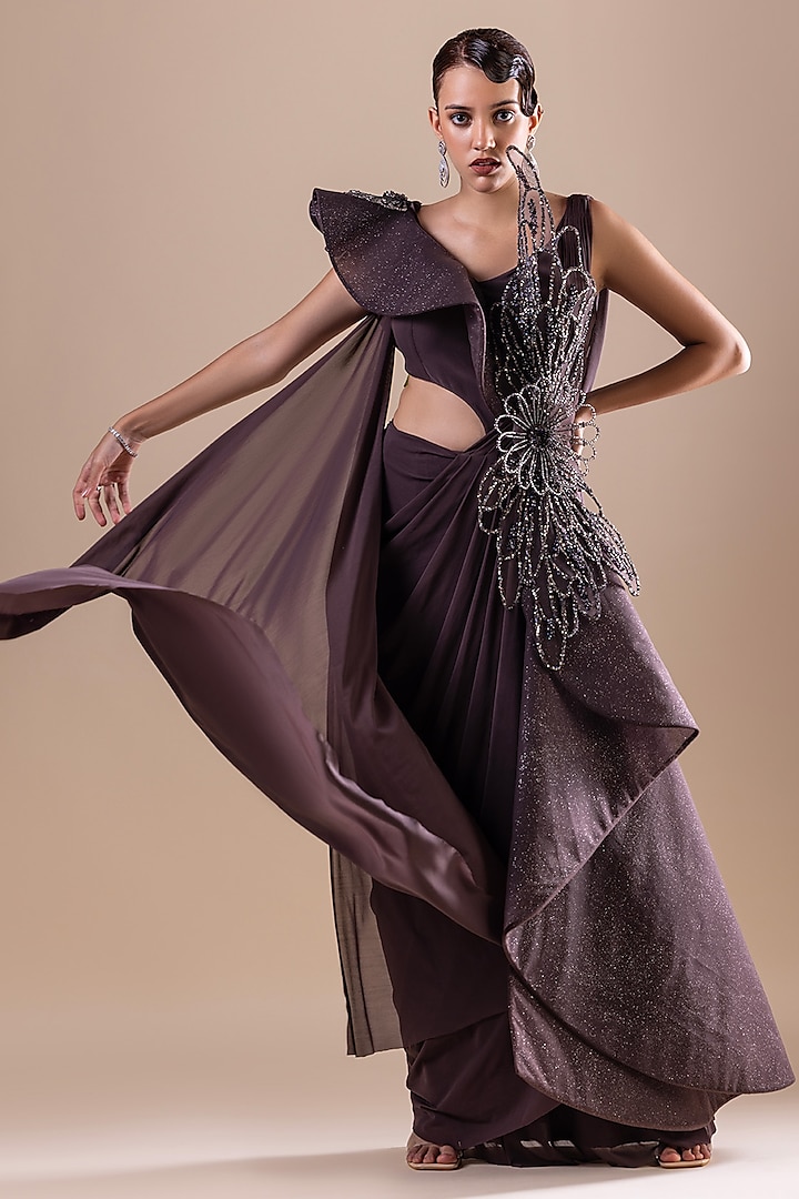 Grey Lycra & Hard Net Sequins Embroidered Draped Saree Gown by RAJ ARORA ROOP VATIKA at Pernia's Pop Up Shop