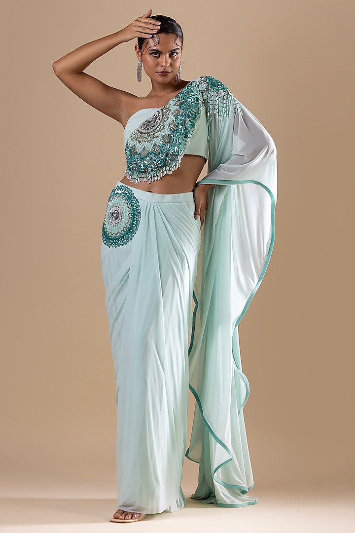 Aqua Net & Lycra Sequins Hand Embroidered One-Shoulder Draped Saree Set by RAJ ARORA ROOP VATIKA at Pernia's Pop Up Shop