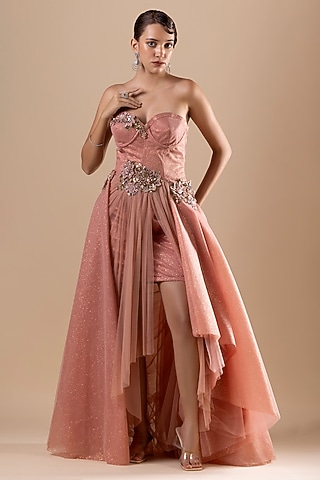 Blush Net Sequins Hand Embroidered Mini Dress by RAJ ARORA ROOP VATIKA