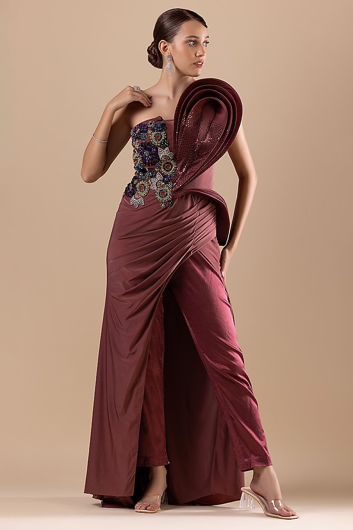 Wine Organza & Lycra Pant Set by RAJ ARORA ROOP VATIKA at Pernia's Pop Up Shop