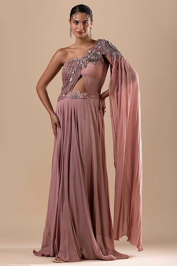 Blush Georgette Cutdana Hand Embroidered One-Shoulder Draped Dress by RAJ ARORA ROOP VATIKA at Pernia's Pop Up Shop