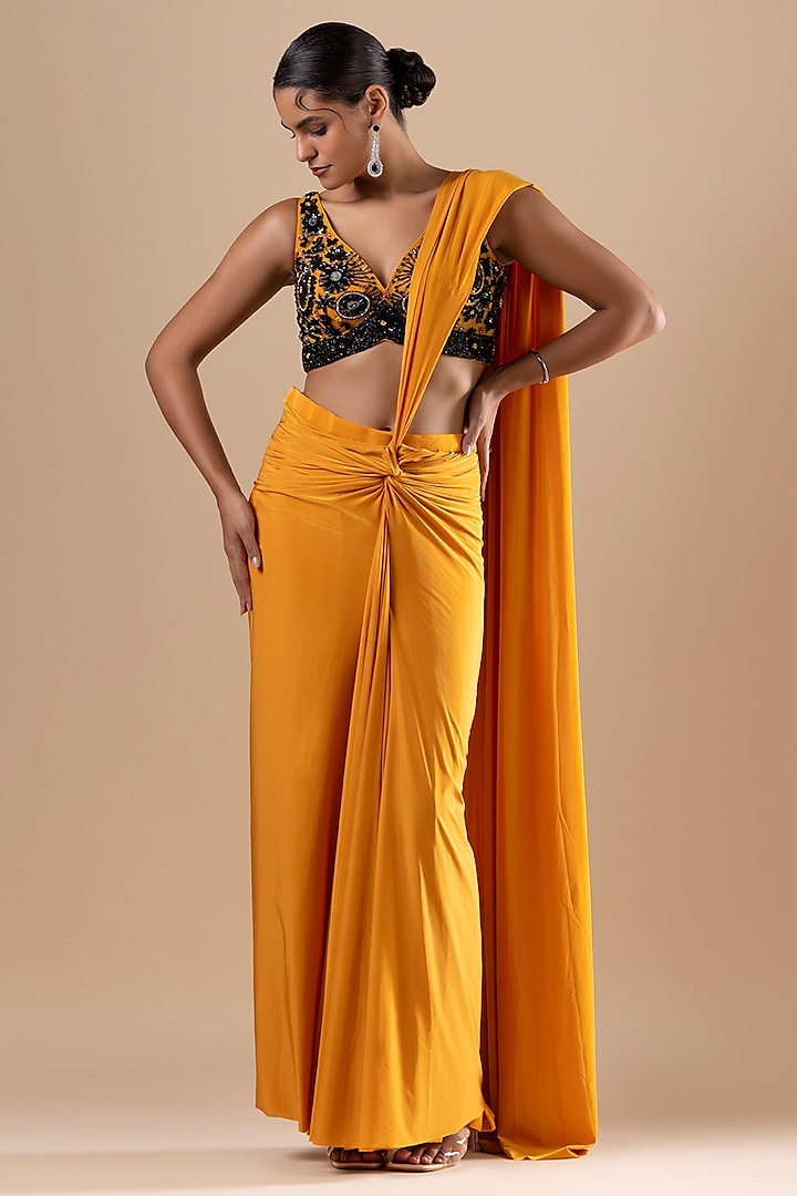 Mustard Lycra Draped Saree Set by RAJ ARORA ROOP VATIKA at Pernia's Pop Up Shop