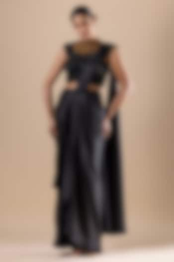 Black Armani Satin Draped Saree Set by RAJ ARORA ROOP VATIKA at Pernia's Pop Up Shop