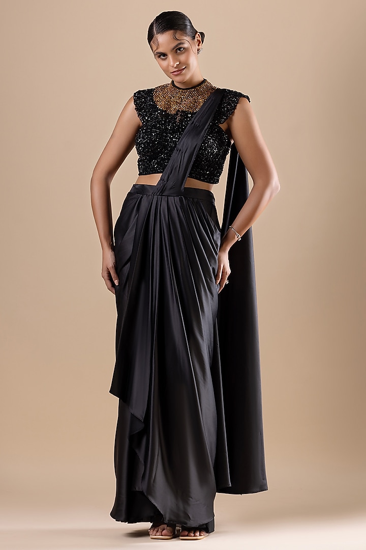 Black Armani Satin Draped Saree Set by RAJ ARORA ROOP VATIKA at Pernia's Pop Up Shop