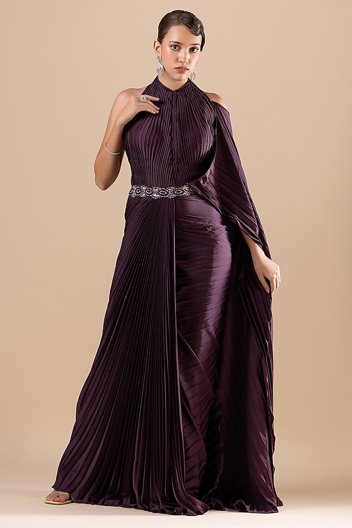 Wine Armani Satin Draped Gown Saree by RAJ ARORA ROOP VATIKA at Pernia's Pop Up Shop