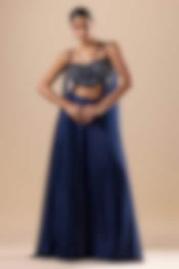 Navy Blue Armani Satin & Soft Net Palazzo Set by RAJ ARORA ROOP VATIKA at Pernia's Pop Up Shop