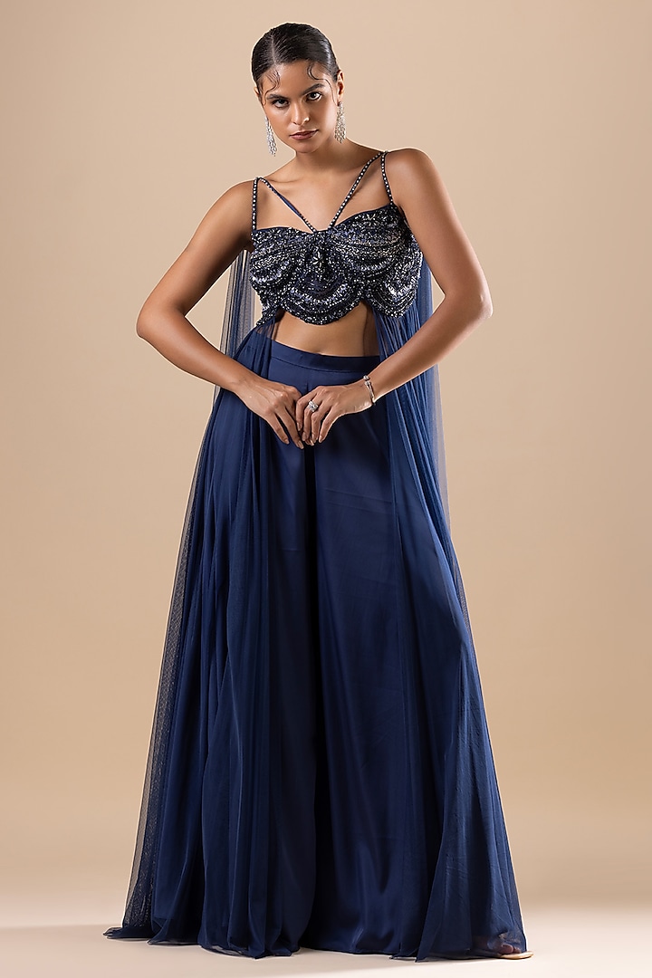 Navy Blue Armani Satin & Soft Net Palazzo Set by RAJ ARORA ROOP VATIKA at Pernia's Pop Up Shop