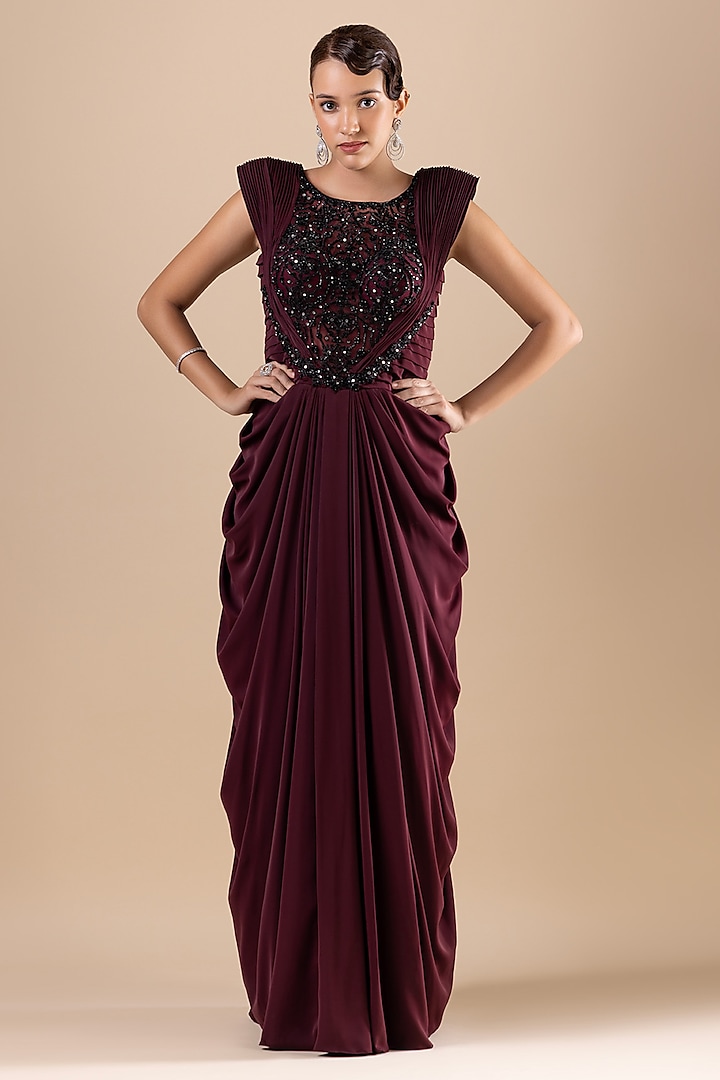 Wine Crepe Sequins Embroidered Maxi Dress by RAJ ARORA ROOP VATIKA at Pernia's Pop Up Shop