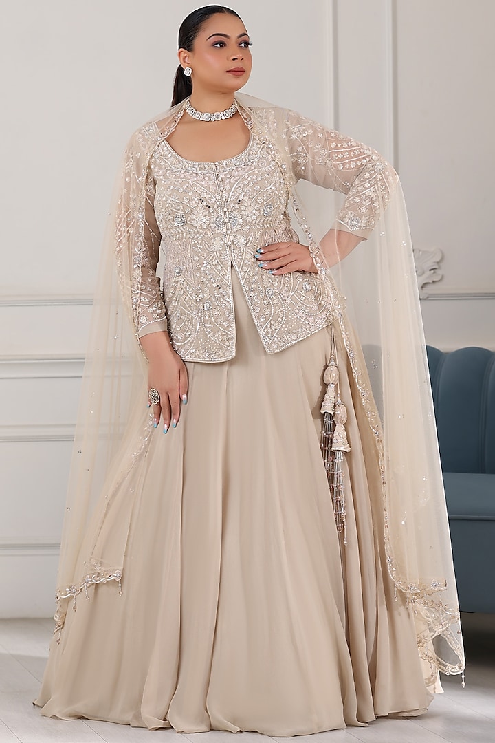 Beige Gold Georgette Cutdana Embroidered Wedding Lehenga Set by RAJ ARORA ROOP VATIKA at Pernia's Pop Up Shop