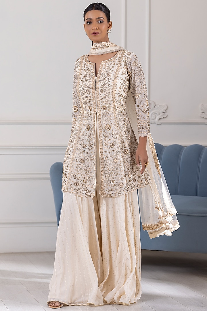 Ivory Georgette Cutdana Embroidered Sharara Set by RAJ ARORA ROOP VATIKA at Pernia's Pop Up Shop