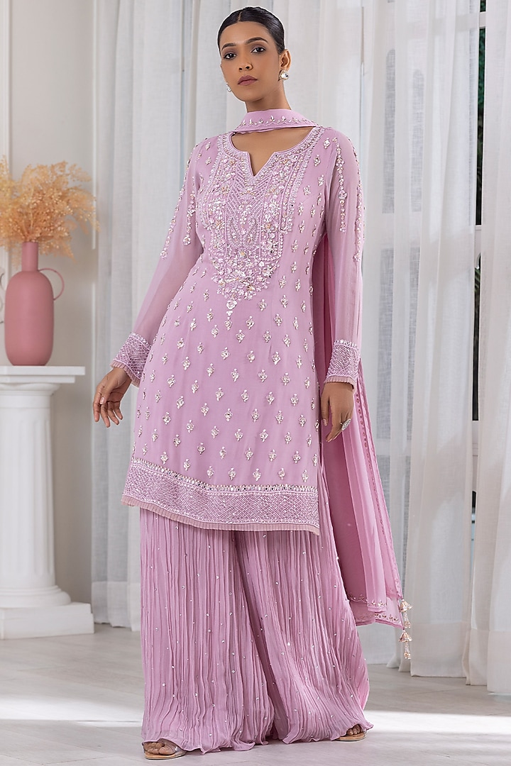 Lilac Georgette Cutdana Embroidered Sharara Set by RAJ ARORA ROOP VATIKA at Pernia's Pop Up Shop