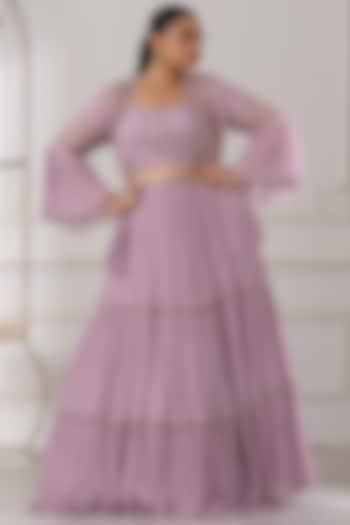 Lilac Georgette Dori Embroidered Jacket Lehenga Set by RAJ ARORA ROOP VATIKA