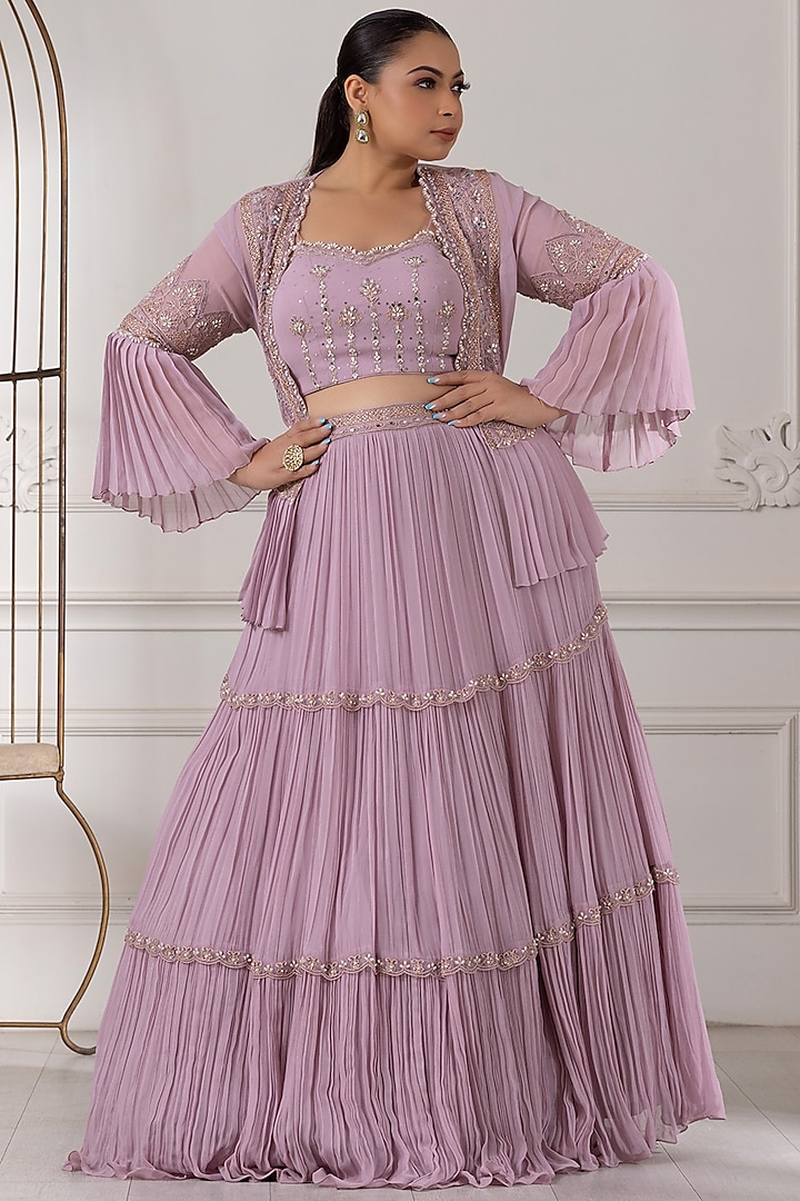 Lilac Georgette Dori Embroidered Jacket Lehenga Set by RAJ ARORA ROOP VATIKA