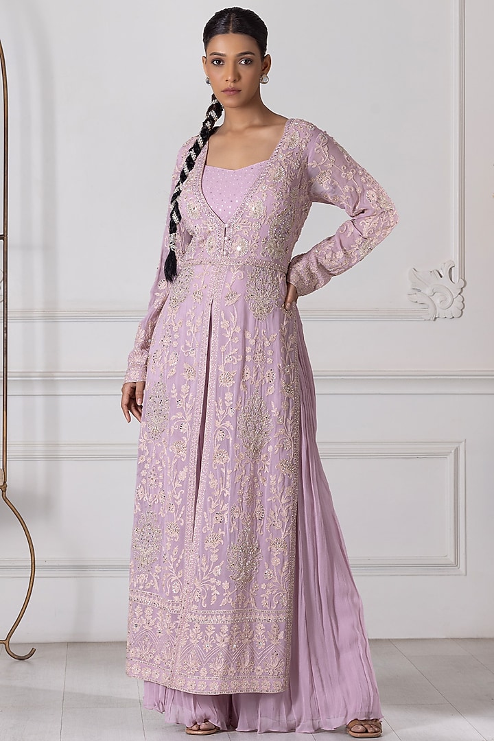 Lilac Georgette Sequins Embroidered Sharara Set by RAJ ARORA ROOP VATIKA at Pernia's Pop Up Shop