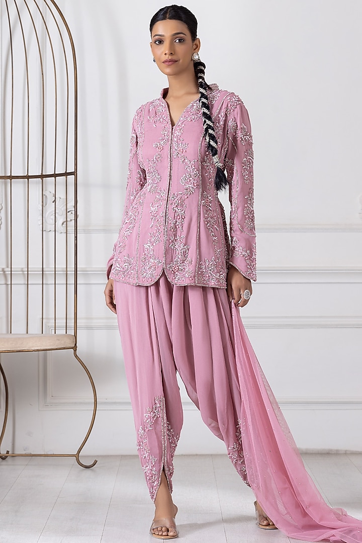 Pink Georgette Sequins Embroidered Dhoti Set by RAJ ARORA ROOP VATIKA at Pernia's Pop Up Shop