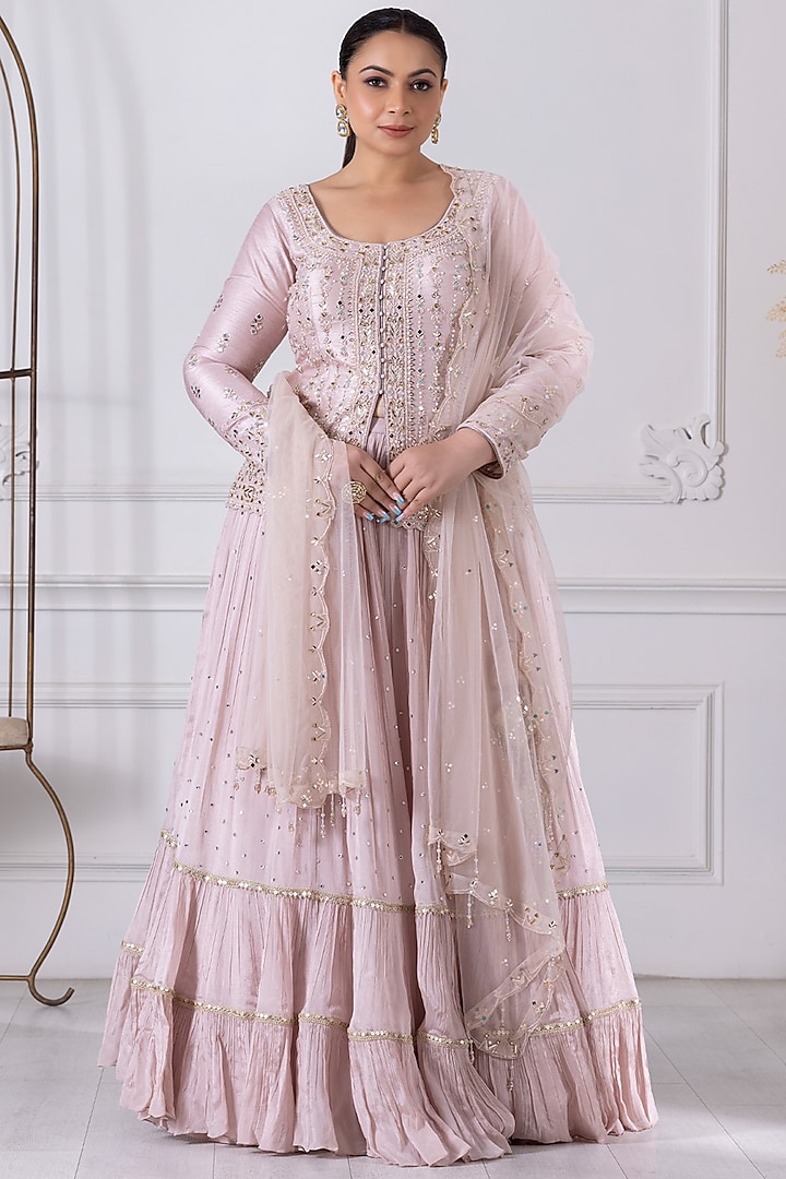 Soft Pink Georgette Sequins Embroidered Skirt Set by RAJ ARORA ROOP VATIKA at Pernia's Pop Up Shop