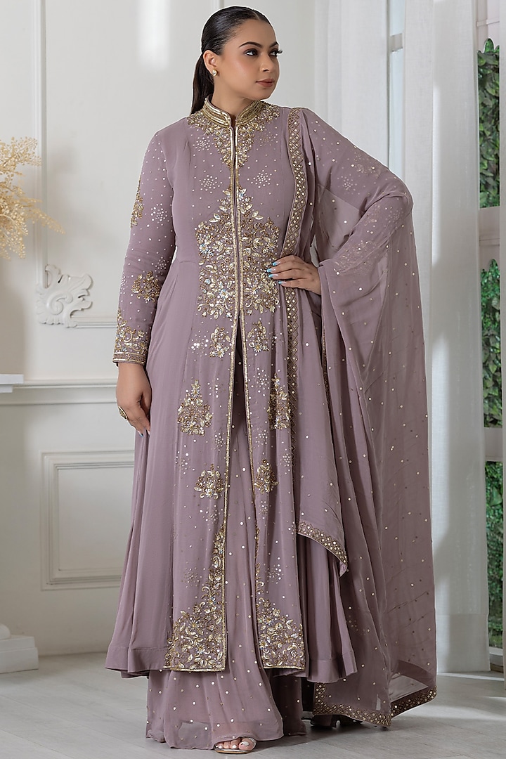 Mauve Georgette Sequins Embroidered Sharara Set by RAJ ARORA ROOP VATIKA at Pernia's Pop Up Shop