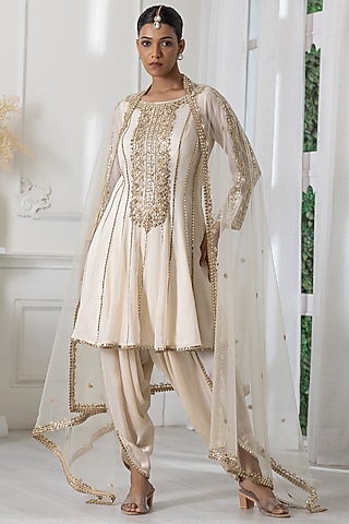 Ivory Georgette Zardosi Embroidered Dhoti Set by RAJ ARORA ROOP VATIKA