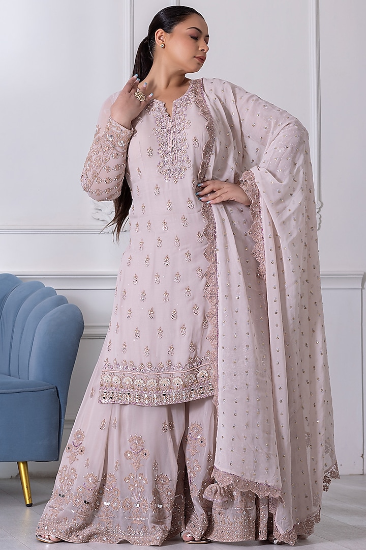 Soft Pink Georgette Cutdana Embroidered Sharara Set by RAJ ARORA ROOP VATIKA at Pernia's Pop Up Shop