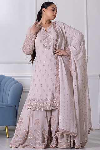 Soft Pink Georgette Cutdana Embroidered Sharara Set by RAJ ARORA ROOP VATIKA
