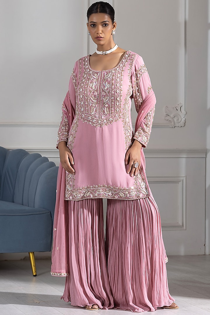 Pink Georgette Cutdana Embroidered Sharara Set by RAJ ARORA ROOP VATIKA at Pernia's Pop Up Shop